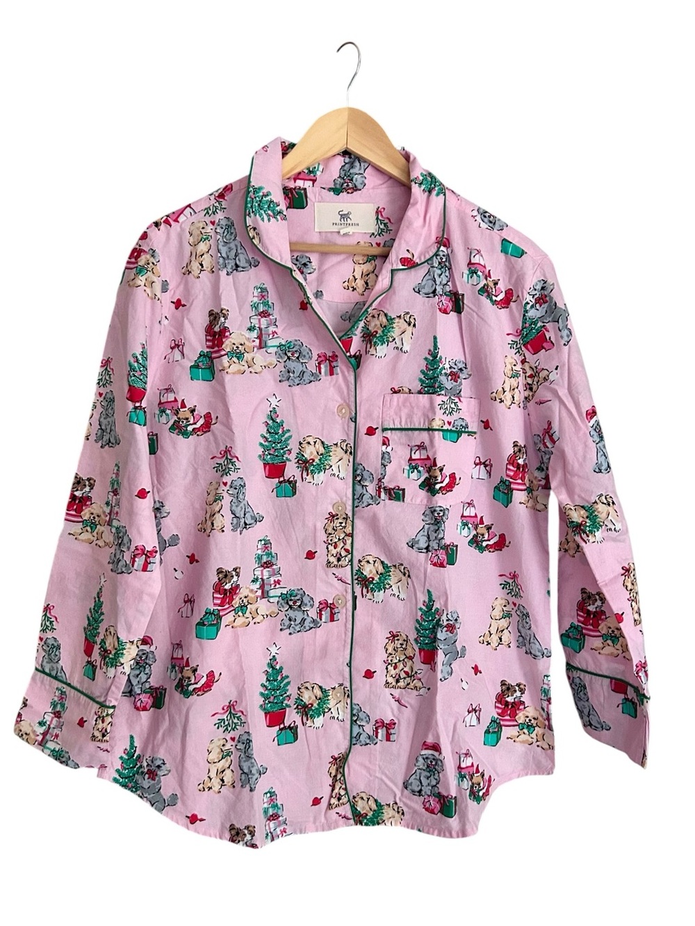 Printfresh Festive Dog Print Holiday Pajama Top Sz Medium Pink